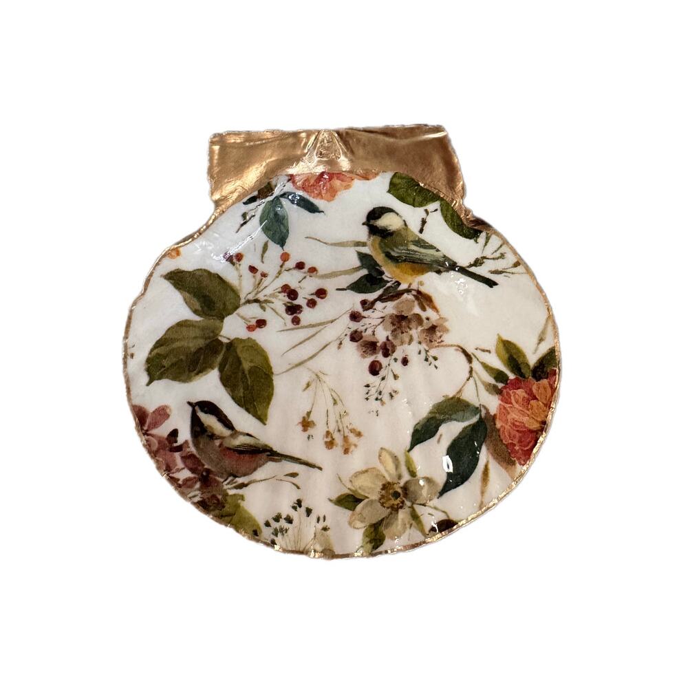 Vintage Songbird Scallop Shell Trinket Dish, Botanical Jewelry Holder - Picture 3 of 6